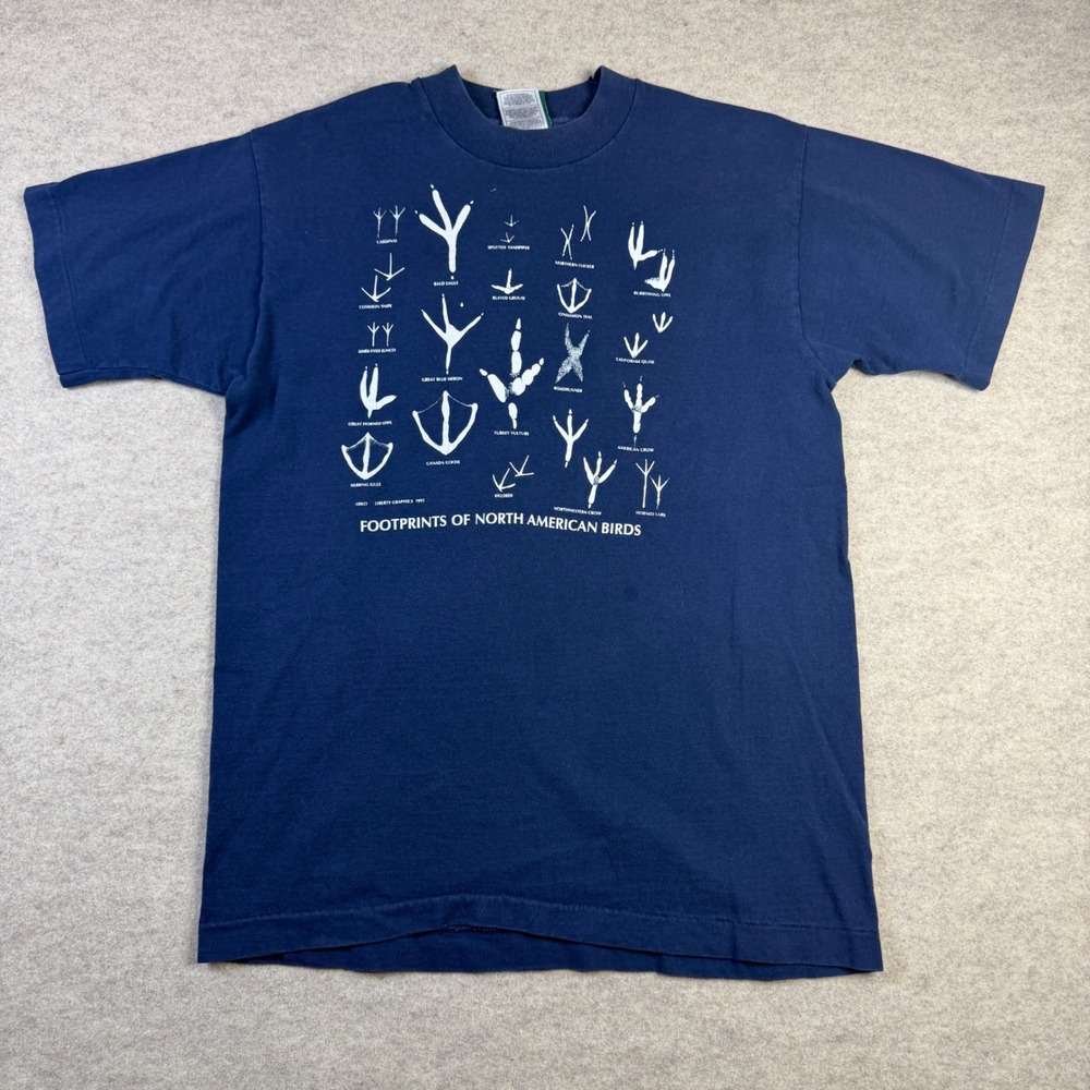 Vintage 1993 Liberty Graphics Footprints of North American Birds T-Shirt Navy M
